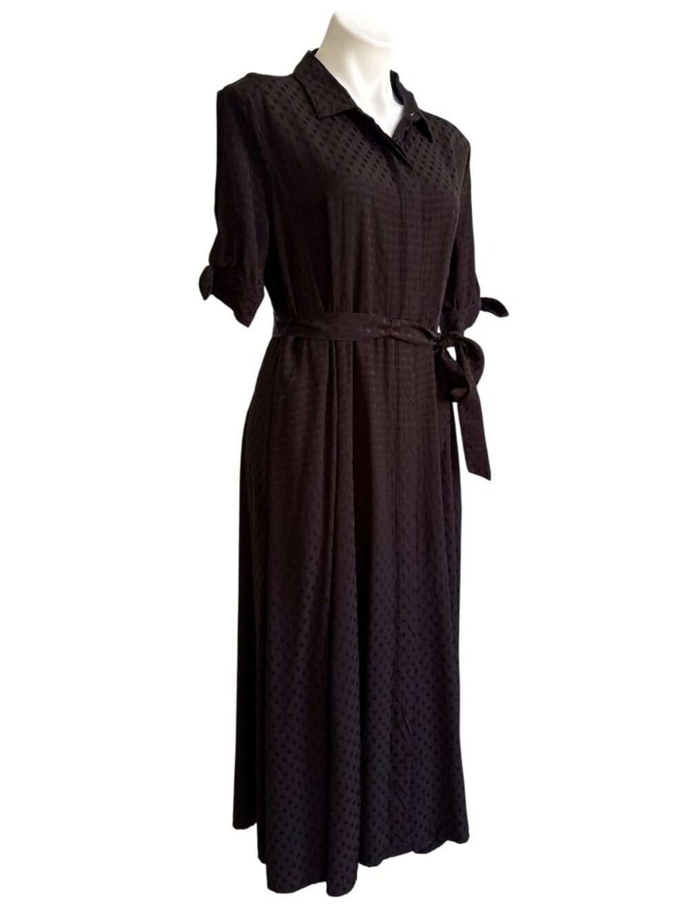 Calvin Klein Women's Black Polka Dot Maxi Shirt Dress W/ Tie Belt Size 12 - Picture 3 of 10